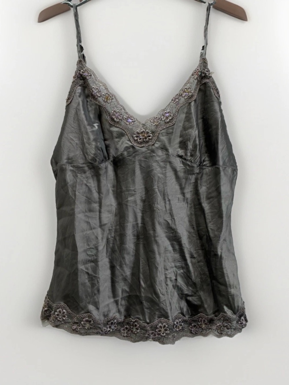 Vintage Y2K Ninety Medium Gray Tank Top Cami Lace Beaded Fairy Silk Babydoll